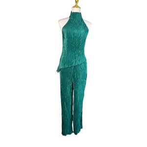 Commense Asymmetric Pleated Halter Crop Top with Wide Leg Pants Small Green Set